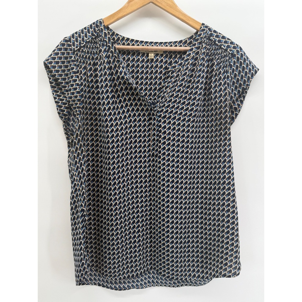 Serein Women Navy Blue Geometric Print Cap Sleeve Split V-Neck Blouse Large